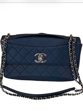 Chanel East West Flap Bag Navy Blue Lambskin Leather Silver CC Chain Bag